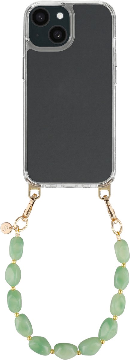 Selencia Transparant Hoesje met Haakjes inclusief Satin Crush Polskoord - Geschikt voor Apple iPhone 15 - Mint Green