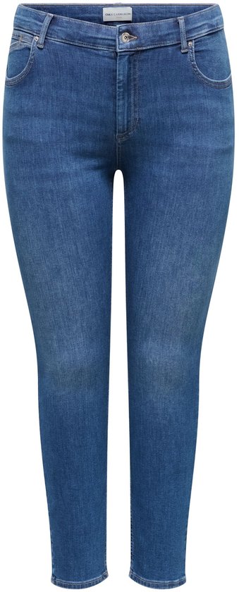 Voorkant van een blauwe skinny jeans met riemlussen en zakken, met een label in de taille.