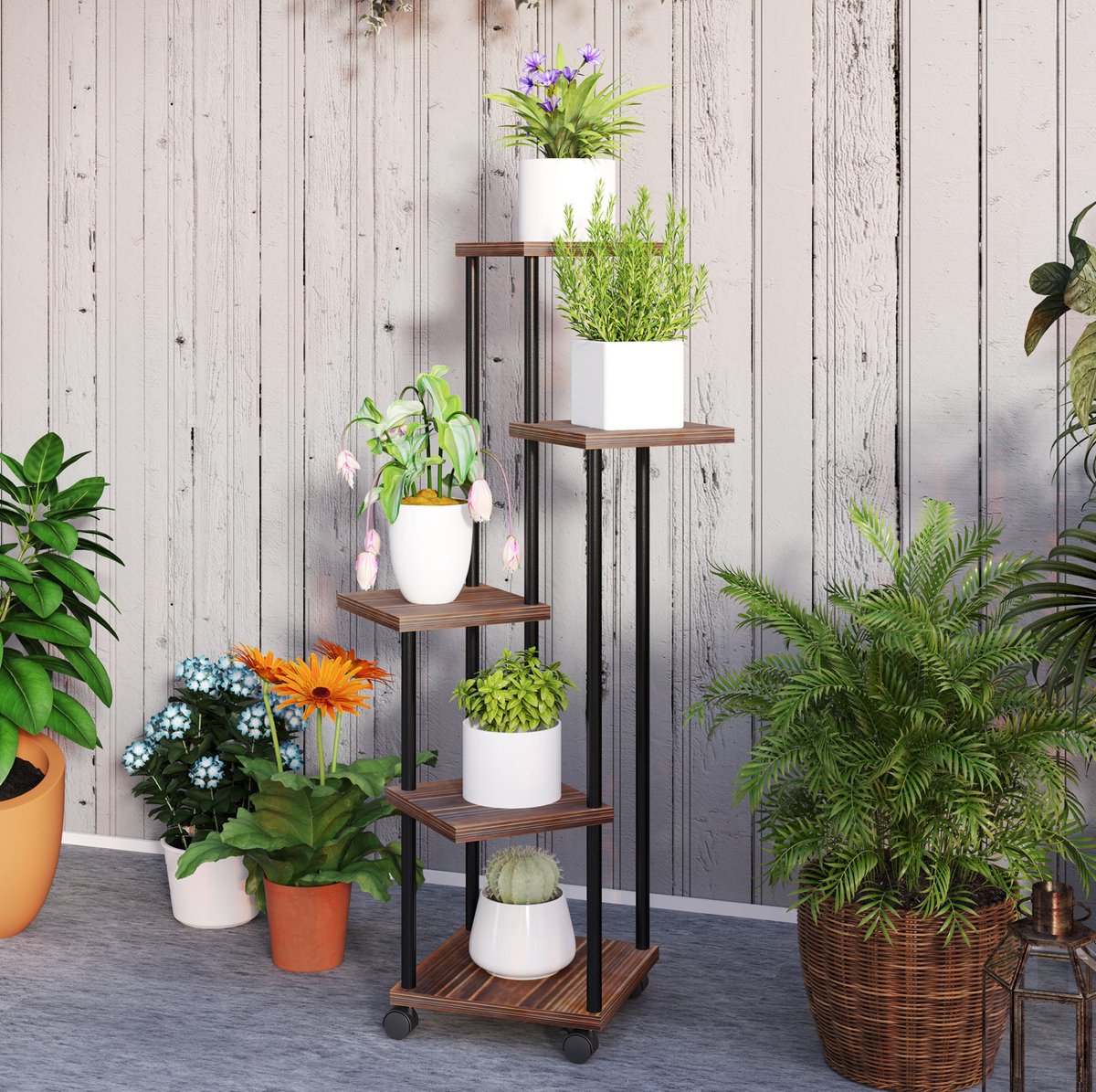 Plantenstandaard 5 Etages Met Wielen Staal Hout Zwart 59 X 59 X 110 Cm Voor Binnen En Buiten