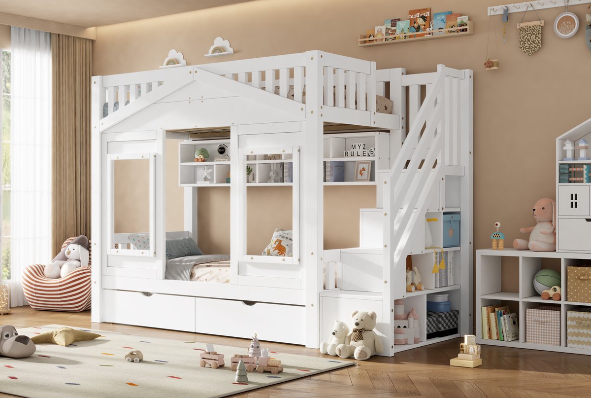 STILVORA Hoogslaper 90x200cm – Kinderbed Met Opbergtrede En Ingebouwde Schuiflade – Huisdesign Voor Kinderkamer – Massief Hout En MDF – Wit Zonder Matras