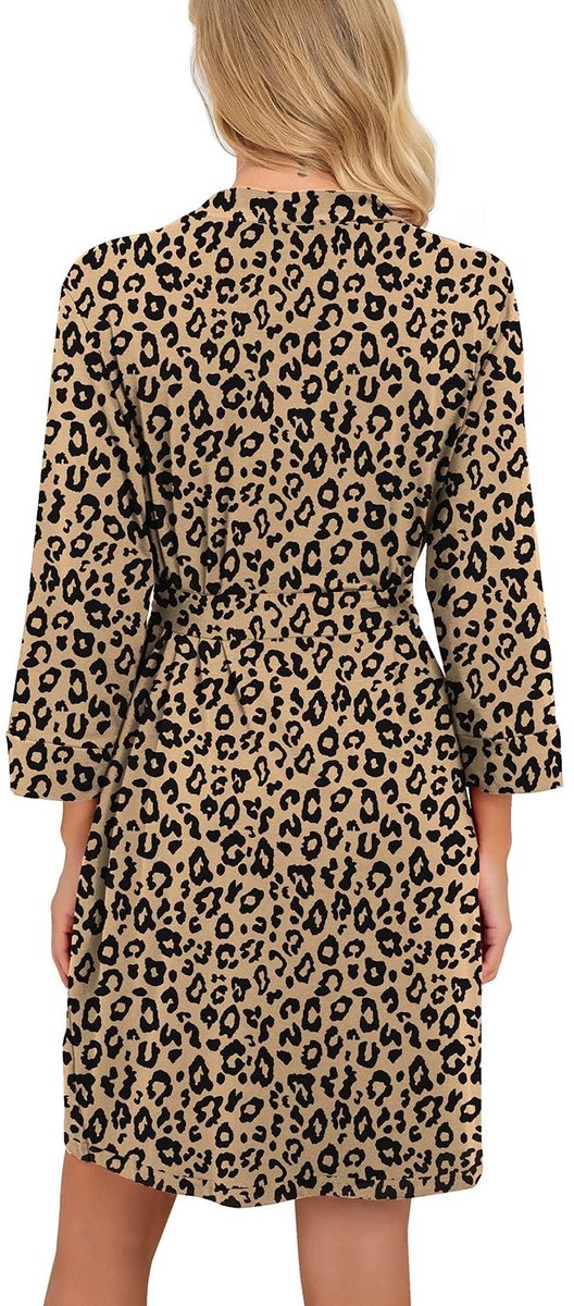 SnelShoppen - Badjas Dames Lichte 3/4 Mouwen Kimono Ochtendjas Kort Nachtkleding Luipaardkaki M Perfect voor Thuis en Wellness