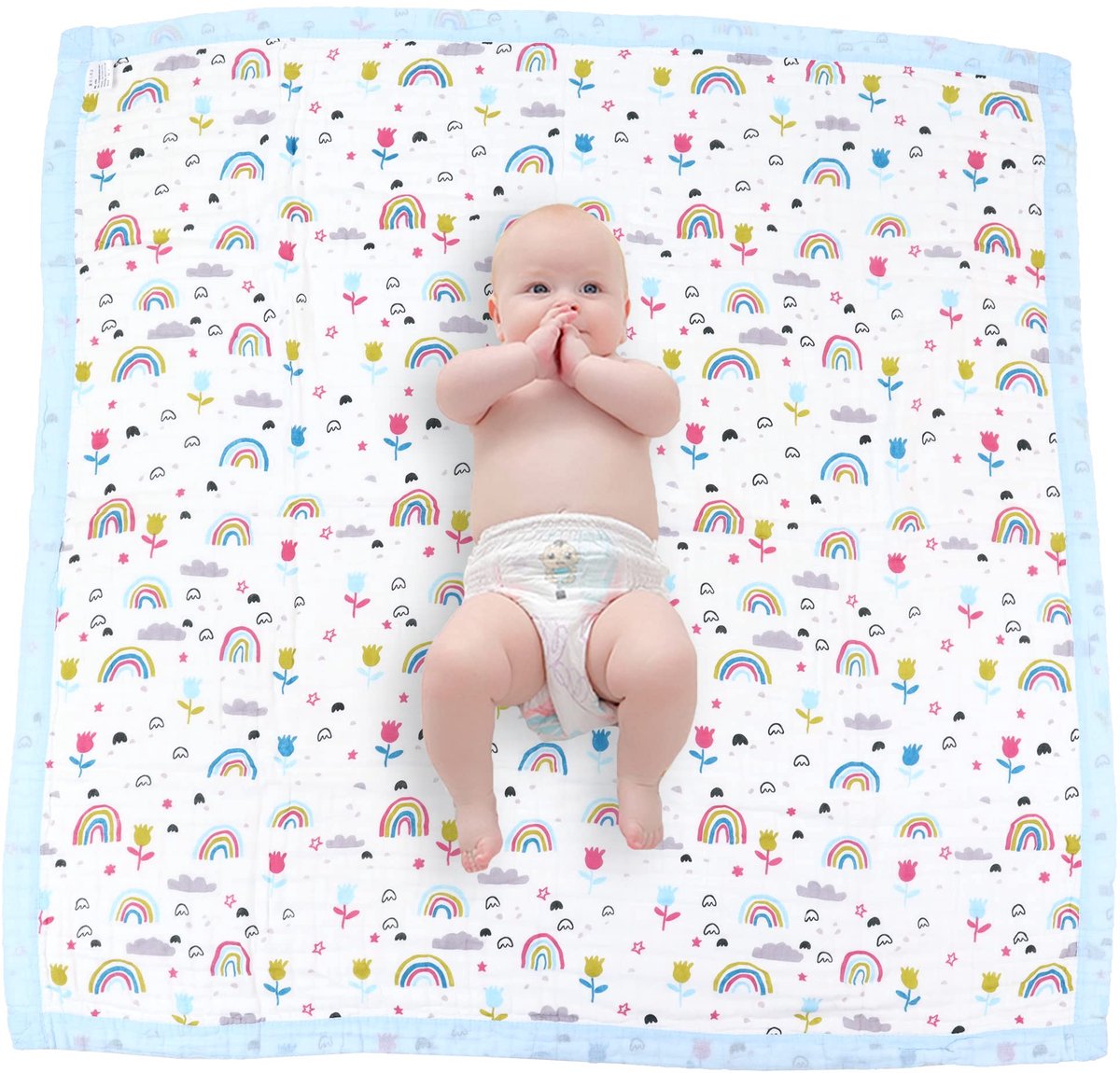 SnelShoppen - Hivia Musselin Deken 6-laags knuffeldeken voor baby's, 110 x 110 cm, zachte katoen, uniseks, blauwe bloemen, wikkeldeken, badhanddoek, k