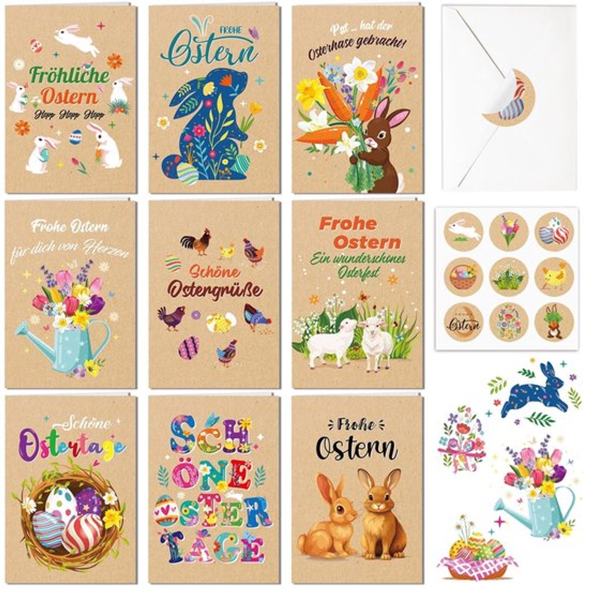 Paaskaarten set - 9-delig - Kraftpapier - Vrolijke wenskaarten - Blanco - Envelopstickers - Grappig origineel