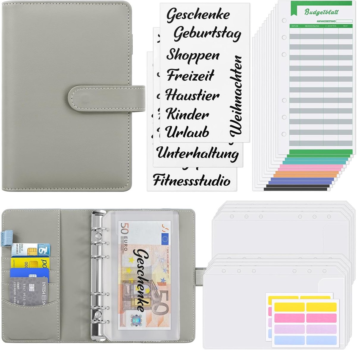 SnelShoppen - A6 Budget Folder met 8 Zip Enveloppen, 12 Budget Sheets, 19 Ringen, Paars PU Leer, Financieel Beheer, Geld Besparen, Perfect voor Organi