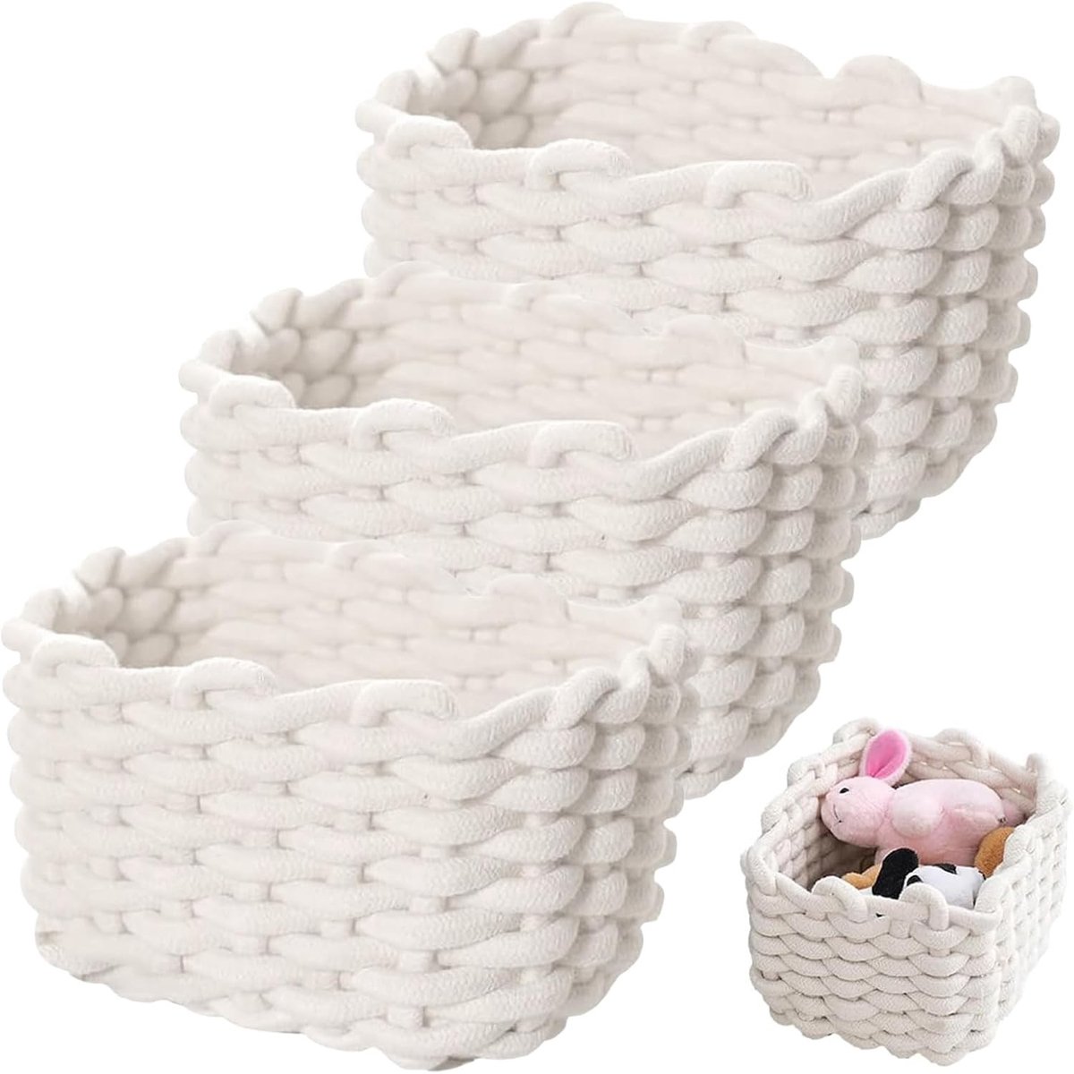 Set van 3 Witte Gevlochten Opbergmanden van Katoen 18 x 14 x 13 cm Decoratieve Mand voor Keuken, Kasten en Bureau