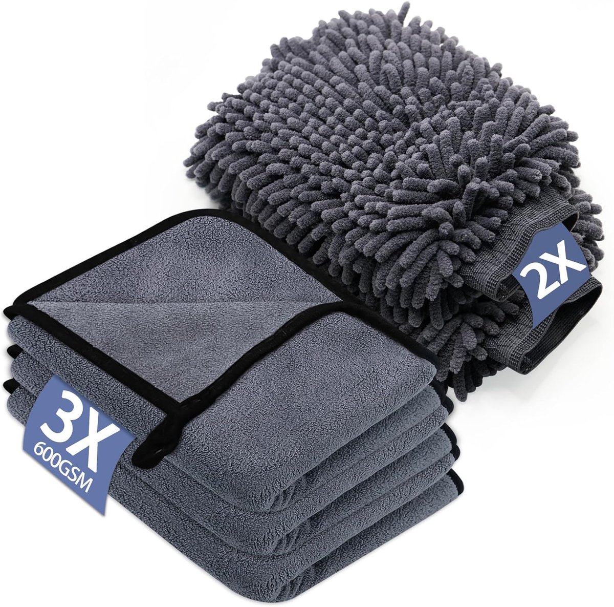 SnelShoppen - 5-delige Autoverzorgingsset met 3 Microvezeldoeken en 2 Microvezel Washandjes, 600 g/m², Extra Absorberend, Krasvrij en Zacht voor Polij