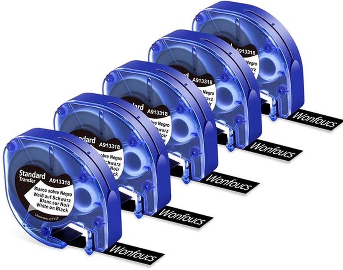 Labeltape Set van 5 - Vervanging voor Dymo LetraTag - 12 mm x 4 m - Wit op Zwart - Kunststof - Geschikt voor binnengebruik - Etiketten
