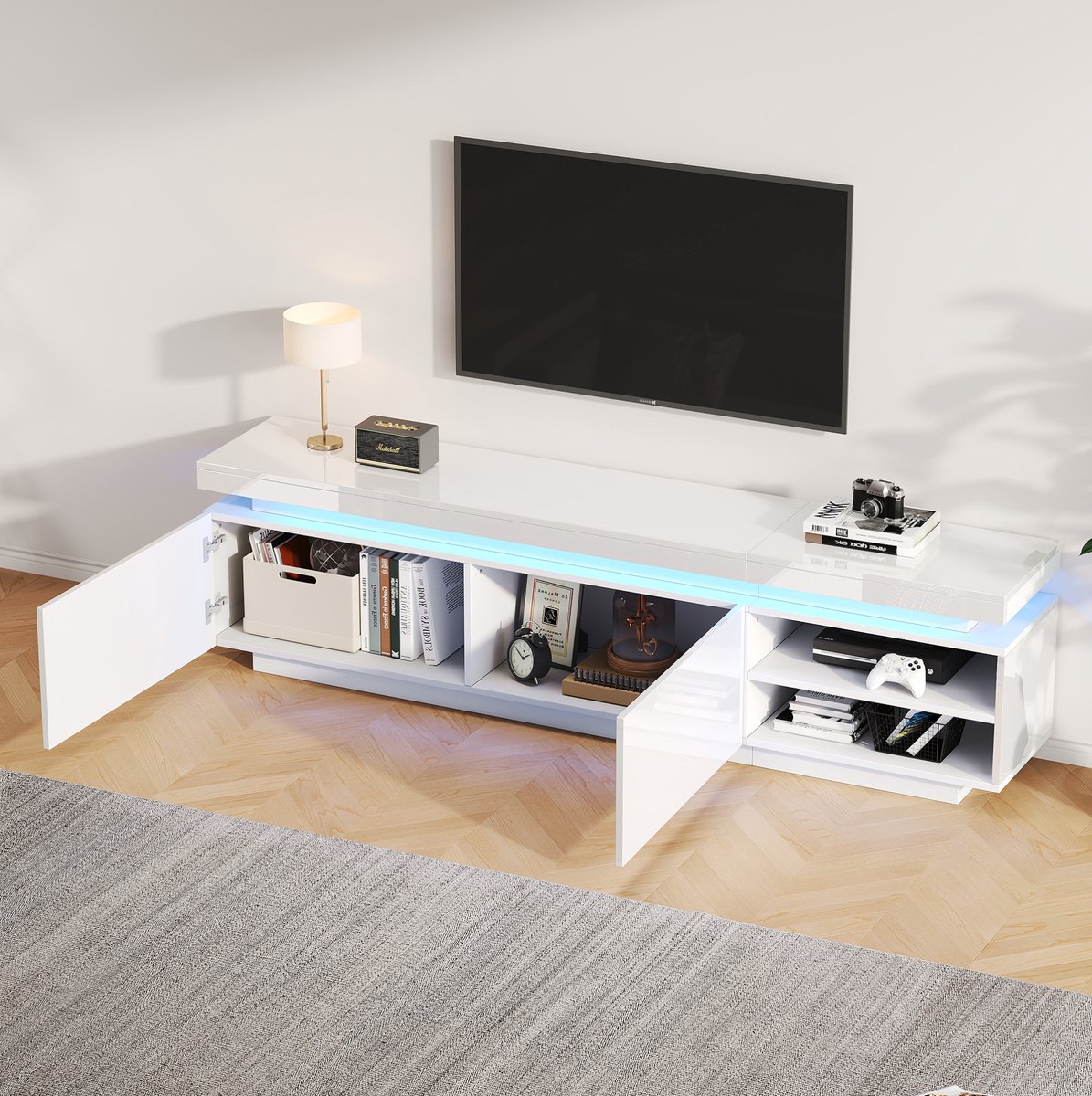 COVREO TV meubel 170x35x50 cm wit spaanplaat met LED verlichting en 2 deuren