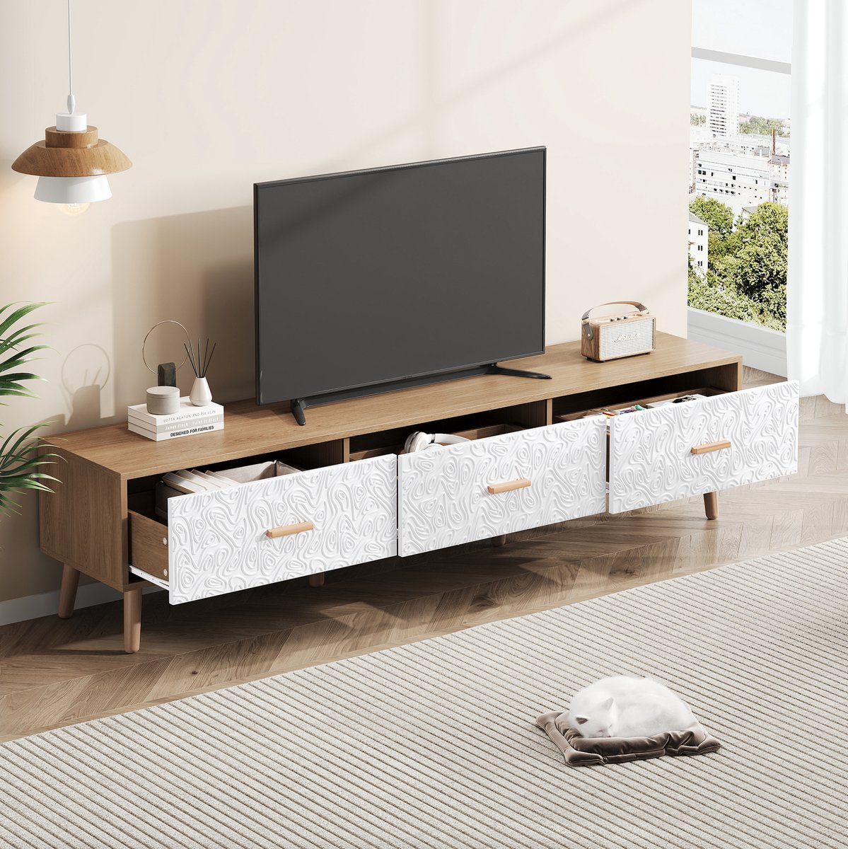 COVREO TV meubel 150 x 39 x 35 cm - wit en houtkleur, 3 lades, retro stijl
