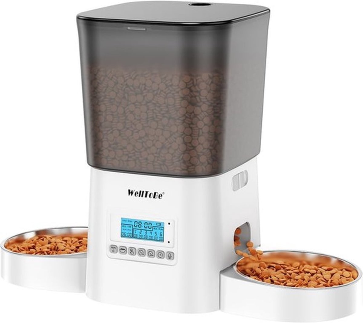 Automatische kattenvoerbak voor 2 katten, kattenvoerautomaat met droogmiddel, automatische voerbak voor katten en honden met dubbele kommen, 6 maaltijden met portiecontrole, dubbele voeding
