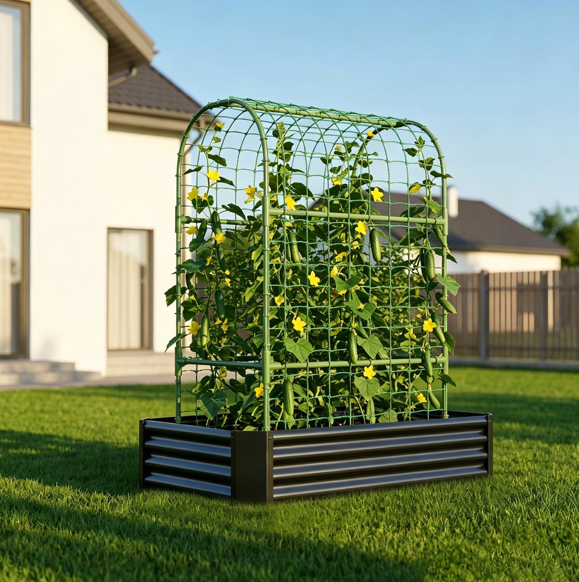 HAUSS SPOLE Moestuinbak – Met Klimrek – 120 x 60 x 30 cm – Verzinkt Staal – Zwart – Voor Groenten, Kruiden En Klimplanten