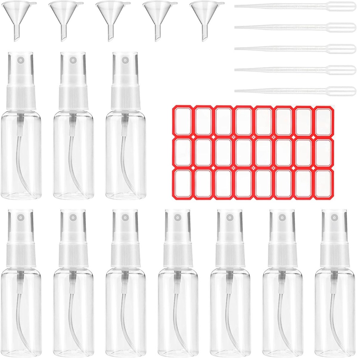 Set van 10 lege sprayflessen 100 ml voor parfum, shampoo en meer met 5 trechters, 5 druppe