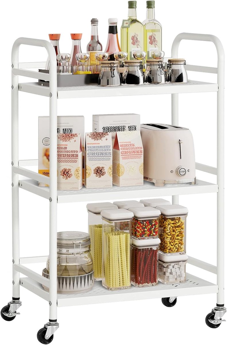 SnelShoppen - 3-laags Rollende Opbergtrolley, Multifunctionele Metalen Karren voor Keuken, Badkamer, Kantoor, 40 LB per Laag, Witte Kleur met 2 Vergre