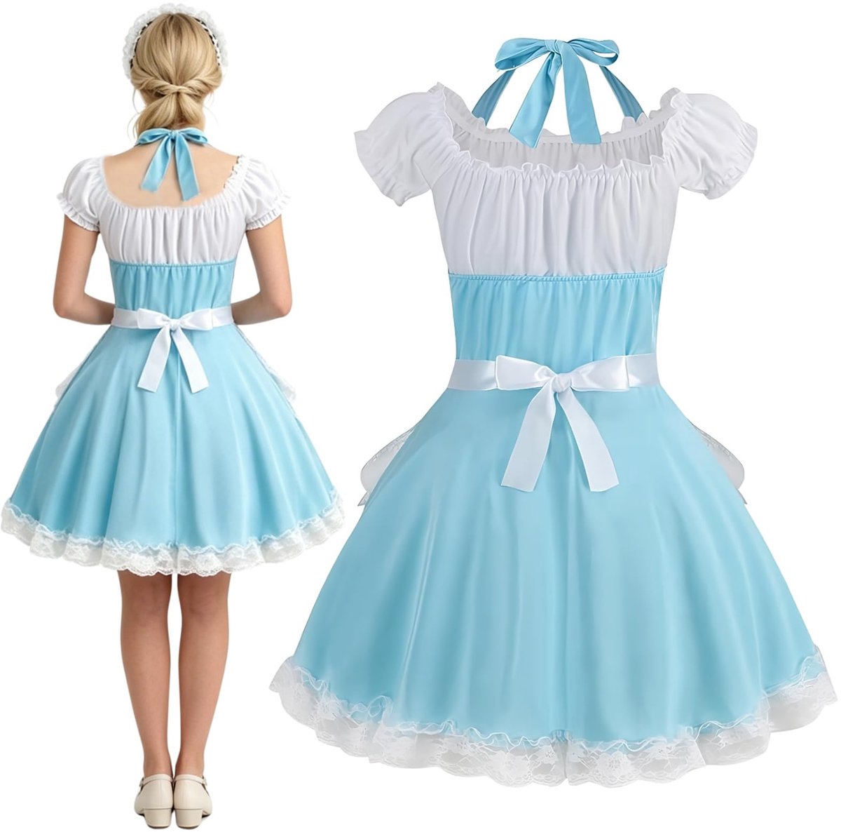 SnelShoppen - Dameskostuum Franse Dienstmeisje Set Anime Cosplay Party Outfit - 4 Stuks - Blauw - M-L - Halloween Verkleedkleding - Lolita Rollenspel