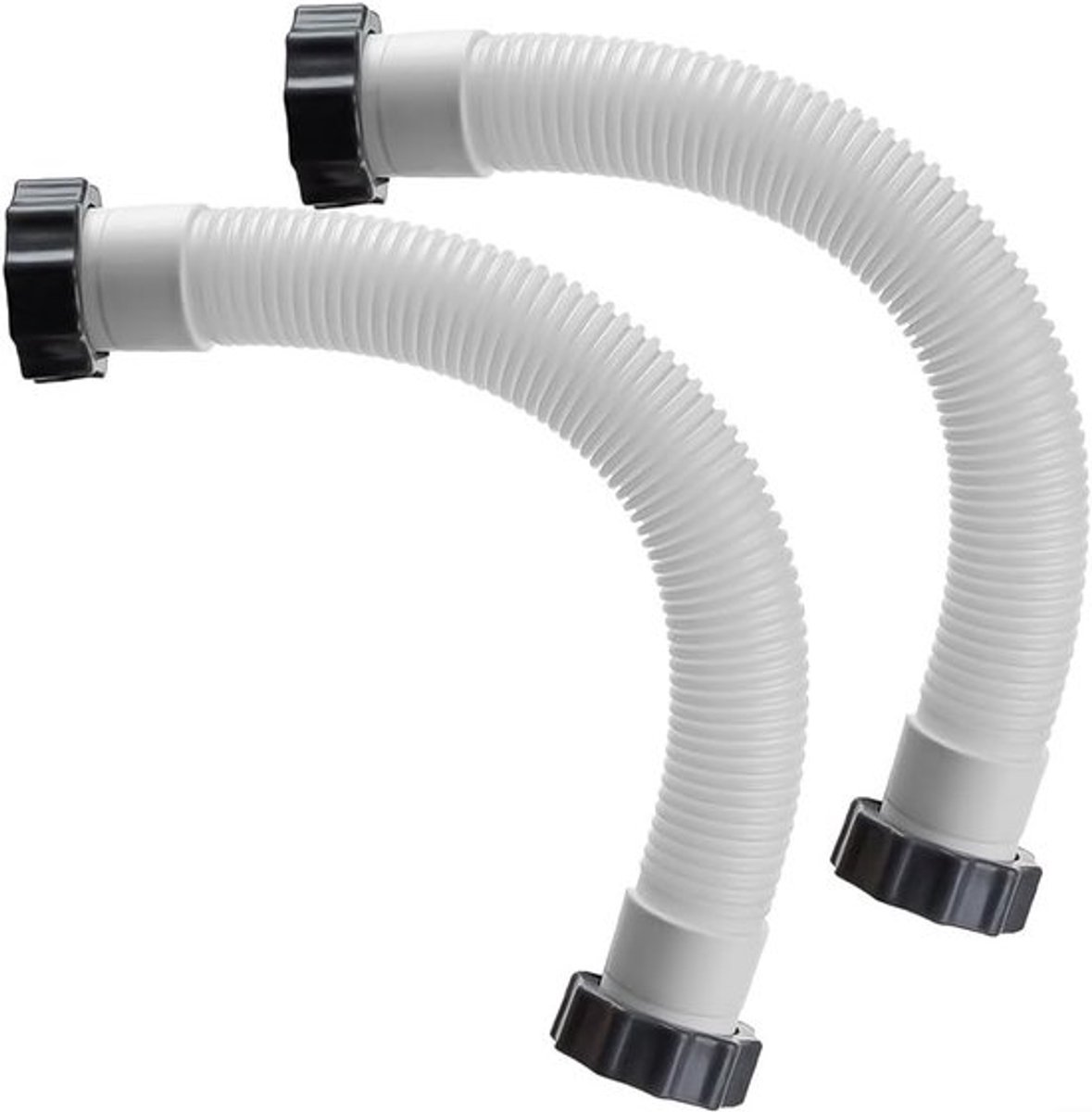 Een set van twee pompslangen voor zwembadzandfilters, inclusief aansluitslangen en moeren, geschikt voor Intex 40cm filterpompsystemen met pekel en zandfilters voor zwembaden.