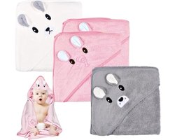 SnelShoppen - Funmo Badcape voor baby's, jongens - 3 stuks, zachte badhanddoek met sterk absorptievermogen, 80 x 80 cm, hoogwaardig koraalpluche, roze