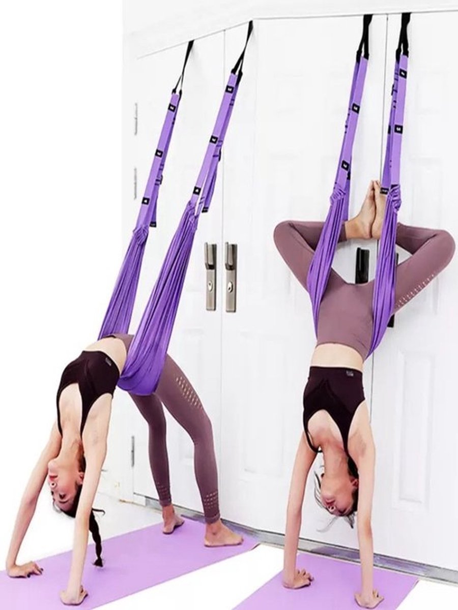 Beenstrekband, rugbuigingstrainingband (met deuranker), flexibiliteitstrainer, rek- en strekapparatuur, fitnessrekband, aerial yoga (paars).