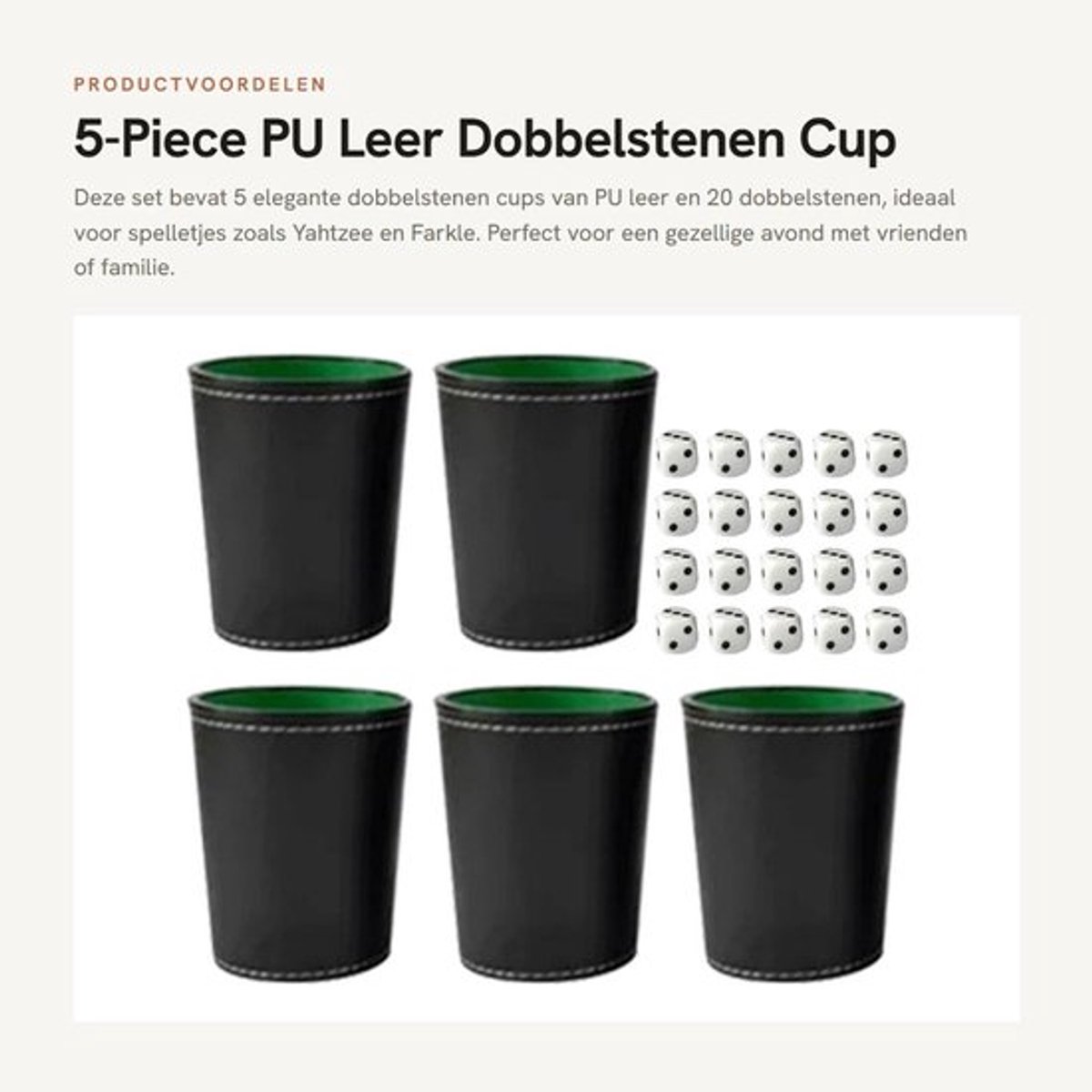 Dobbelstenen Cup Set - 5 Stuks - PU Leer - Zwart - Stille Shaker - Geschikt voor Bars en Restaurants - Dobbelbeker
