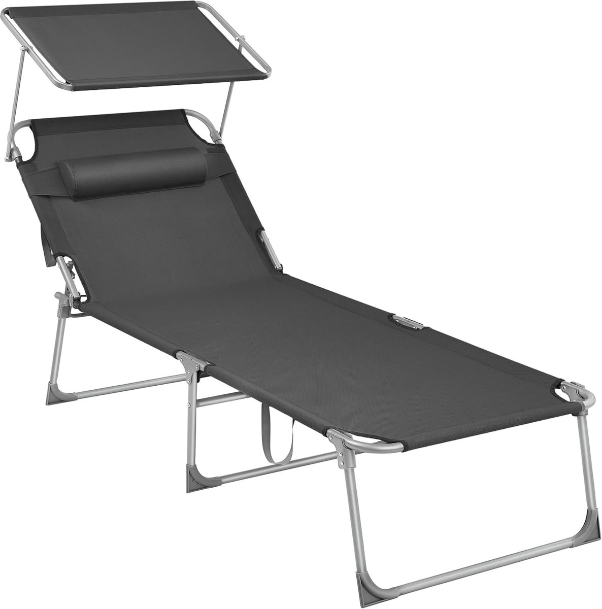 SONGMICS Ligstoel - ligbed - zonnebed - groot, inklapbaar, 200 x 71 x 38 cm, draagkracht 150 kg, met zonneklep en kantelbare rugleuning, voor tuin, zwembad, terras, grijs