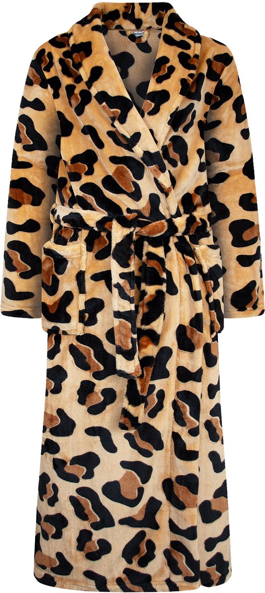 Unisex Badjas Extra Lang met Sjaalkraag en Ceintuur - Ochtendjas - Superzacht Coral Fleece - Heren Dames - Panterprint Groot - Maat L/XL - 8213