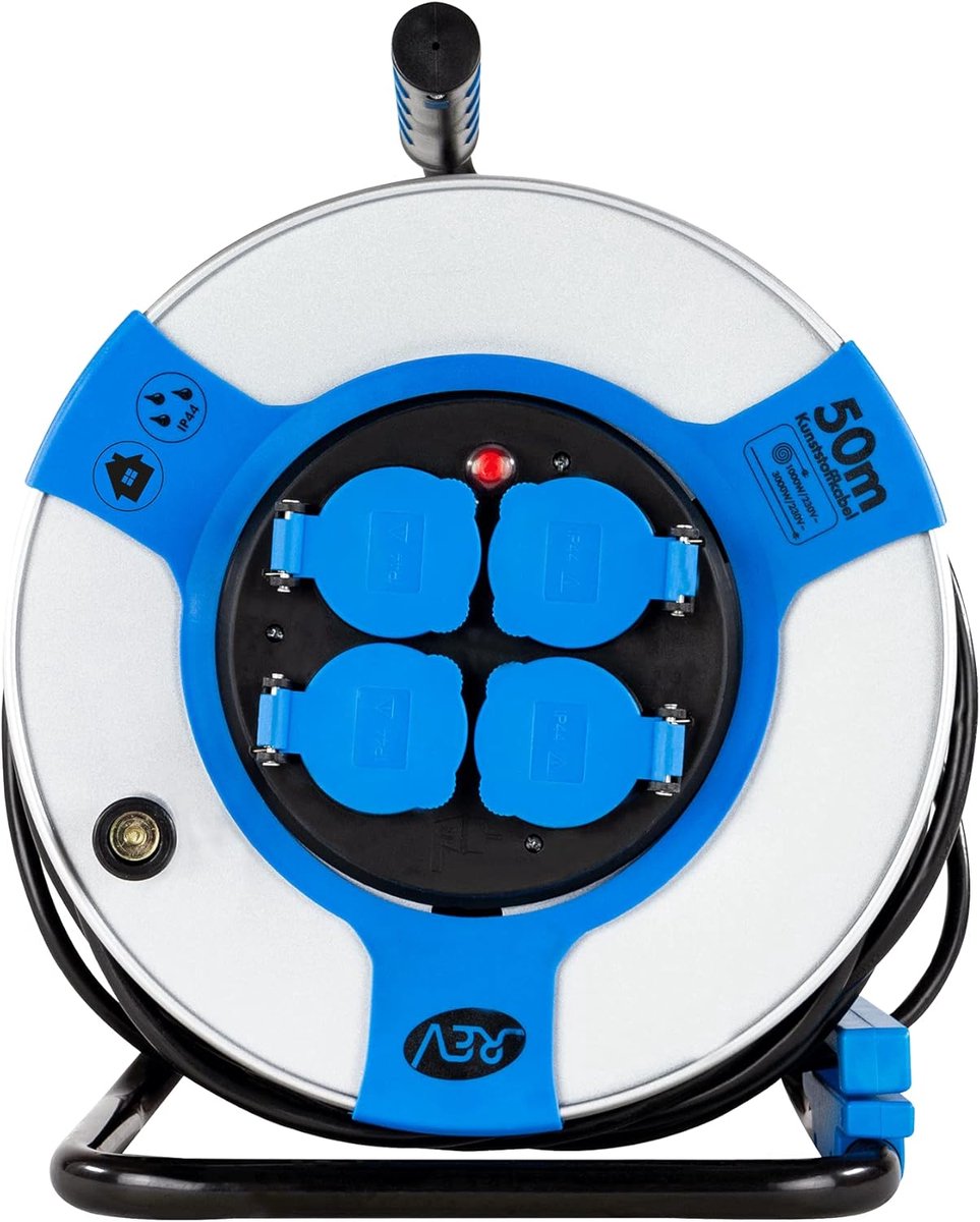 SnelShoppen - REV Kabelhaspel EX 50 m - H05VV - IP44 - 3000W - Met Aardcontact - Buitengebruik - 4 Geaarde Stopcontacten - Blauw