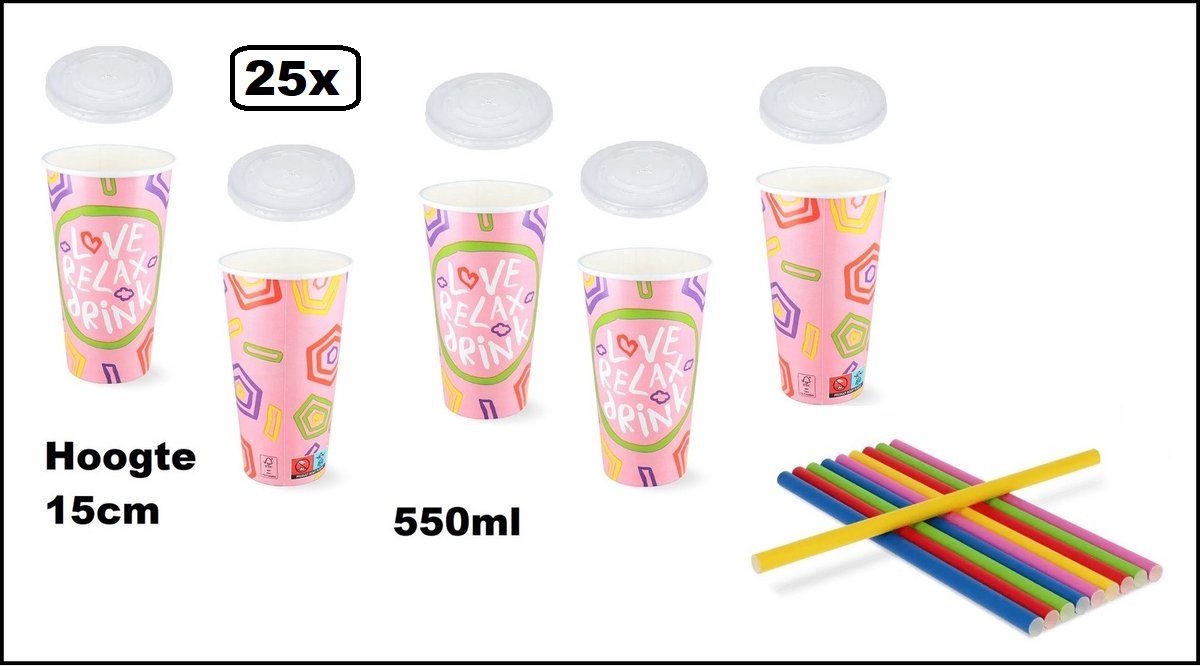 25x Milkshake beker Relax roze 550ml + 25x deksel + 25x rietjes color - Karton - Drinken beker thema feest festival evenement fun diner milkshakebeker