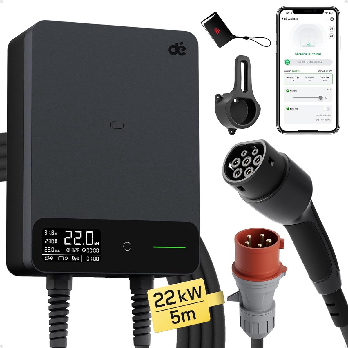 SnelShoppen - Wallbox 22kW EV Charger met APP en RFID, 5m, 6-32A, 3-fase, IP54, Voor BEV/PHEV, Zwart, Snellader voor Elektrische Voertuigen