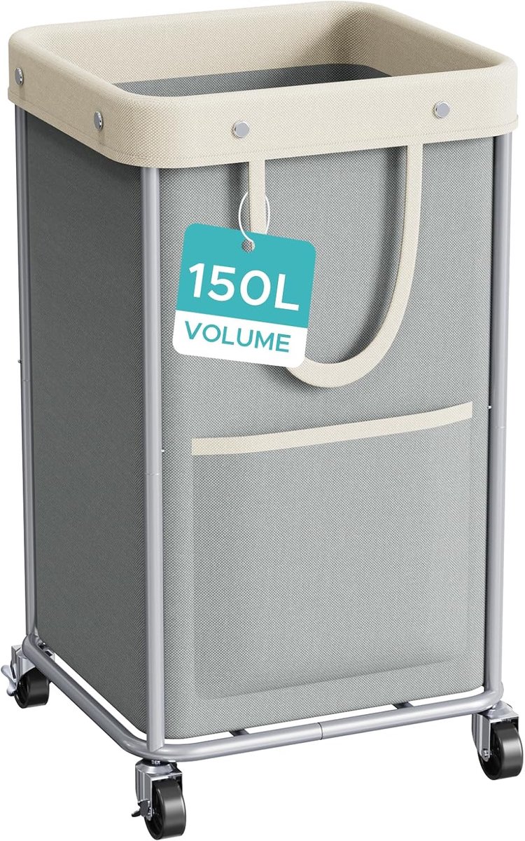 Wasmand 150L met wieltjes - Grijs - 2 zakken en handvatten - Uitneembare waszak voor gemak - ShopVlot