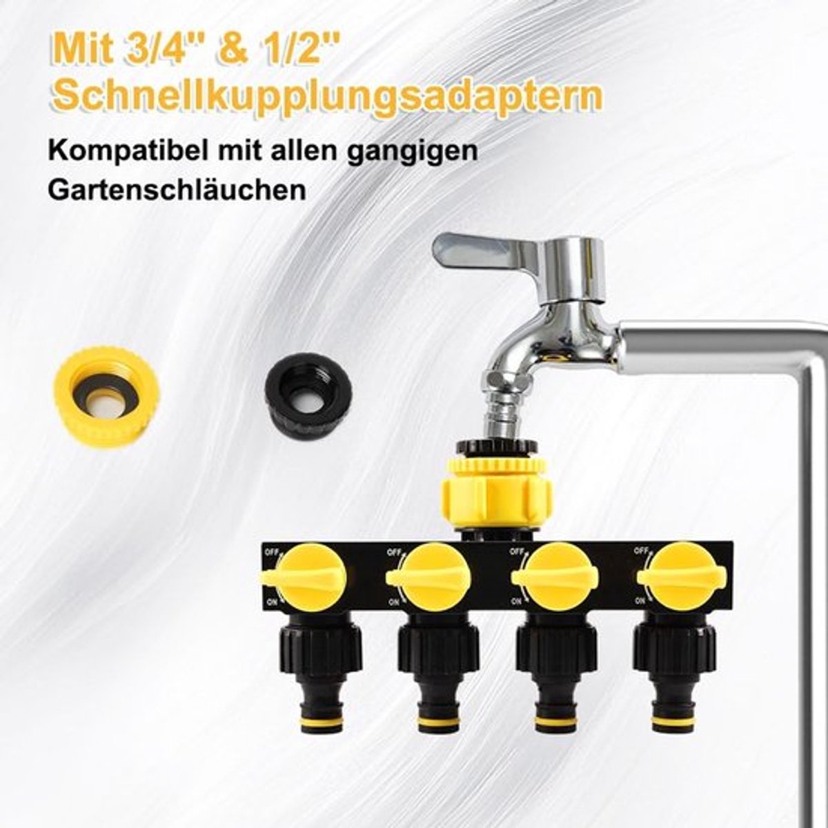 Waterverdeler 4-Weg - Tuinslang Koppeling - Individuele On/Off Ventielen - Geschikt voor Tuinirrigatie - Plastic - 18 x 11 cm - Tuindistributeur