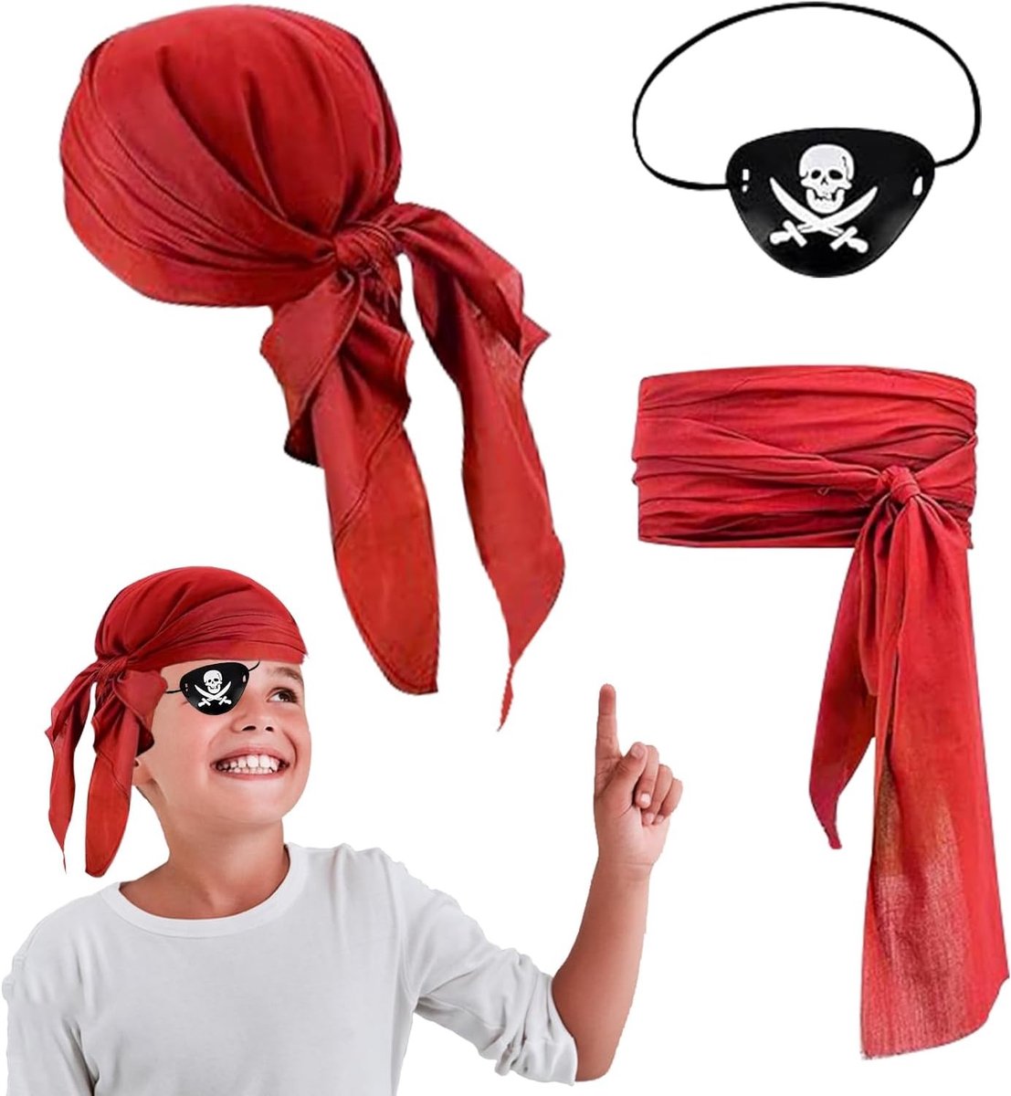 Piratenkostuum Accessoires Set met Sjaal, Hoofdband en Hoofddoek voor Carnaval, Kinderen en Volwassenen
