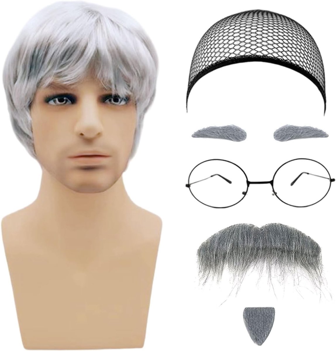 7-delige Oude Man Kostuum Accessoires Set met Perucque, Neppelbeard, Wenkbrauwen, Hoed en Bril voor Carnaval en Cosplay Feestjes