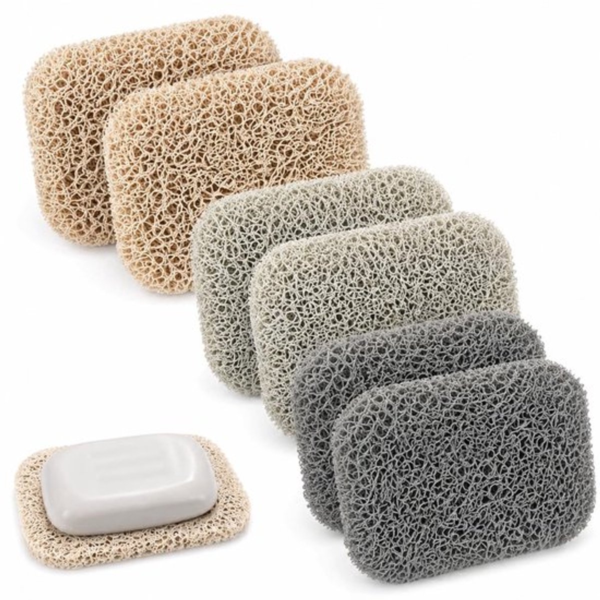 Zeephouder, 6 stuks, antislip, duurzaam, van pvc, met zeephouder en multidirectioneel weefsel (2 beige, 2 lichtgrijs, 2 donkergrijs)
