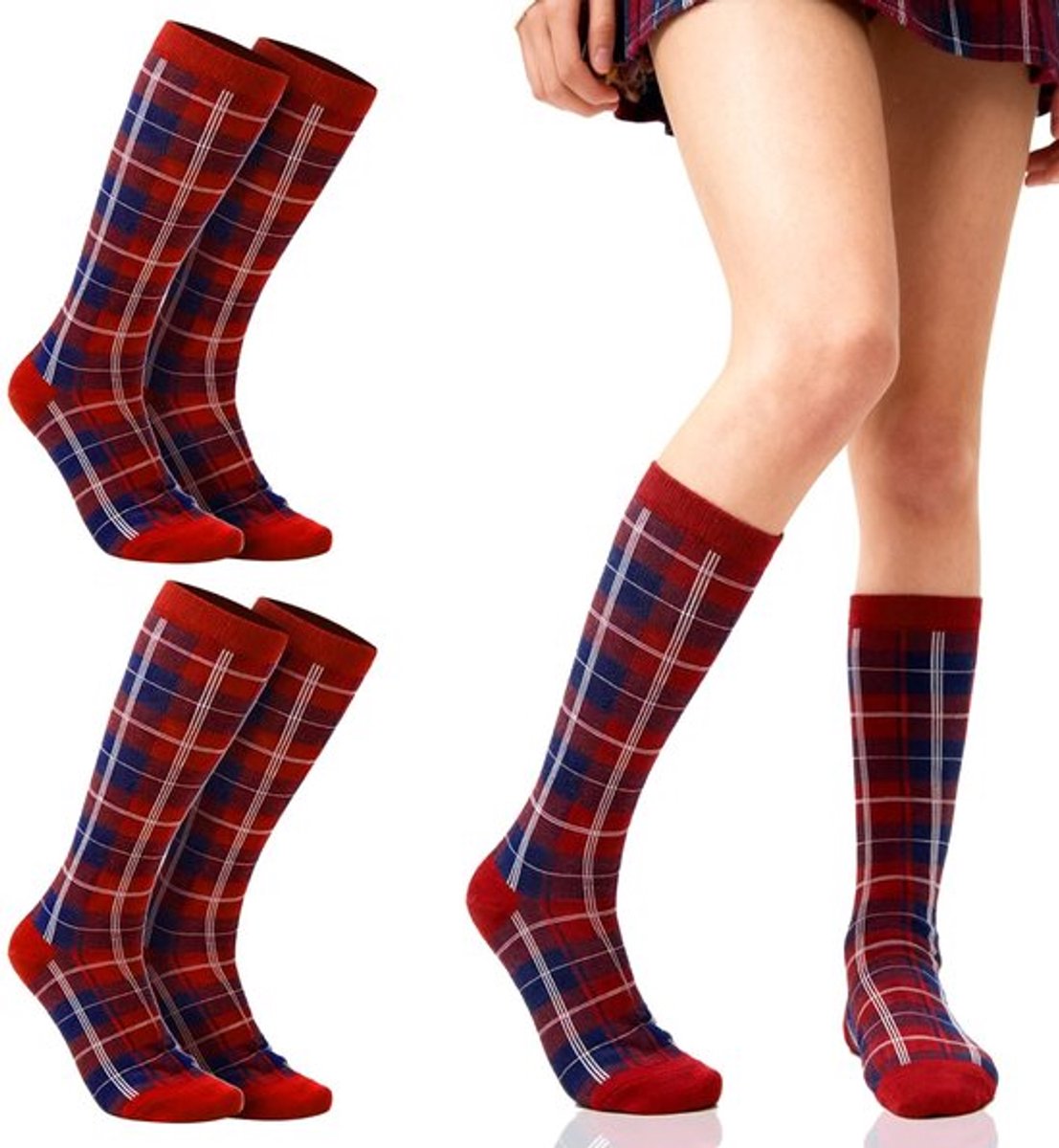 Set van 2 Rode Tartan Knie Hoge Sokken voor Dames