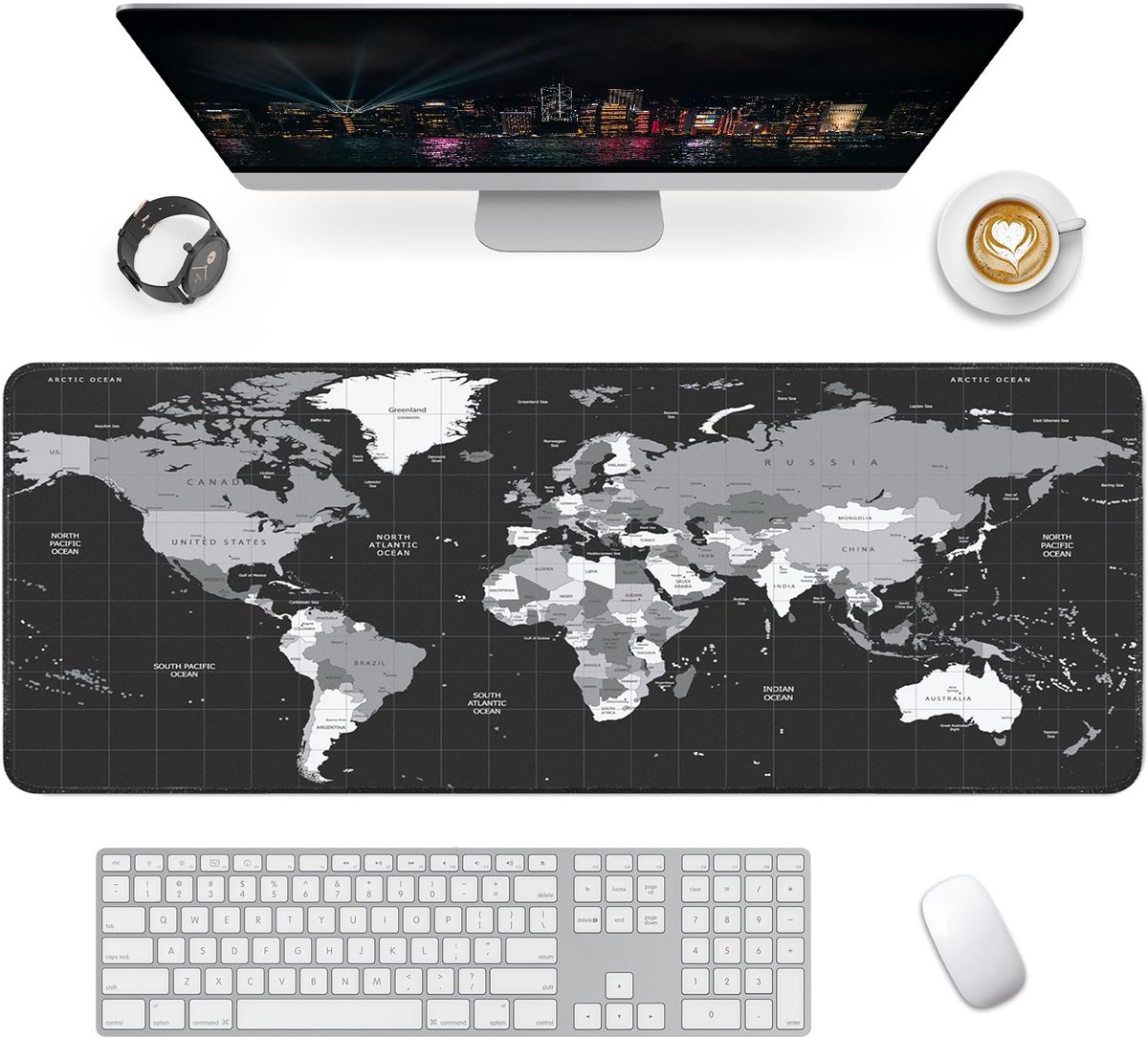 SnelShoppen - Giecy Gaming-muismat XXL 900x400 mm, Bureauonderlegger met Antislip Rubberen Basis, Wereldkaart, Ideaal voor Toetsenbord, PC en Laptop