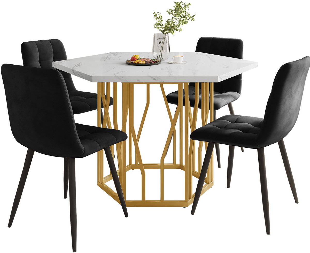 MEUNIQ moderne 5-delige set tafel en stoelen met zeshoekige eettafel, wit marmereffect, 4