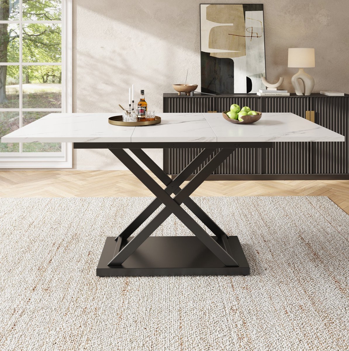 MEUNIQ uitschuifbare eettafel 120-160 x 80 cm met witte marmerlook, zwart X-vormig metalen onderstel, voor keuken en woonkamer