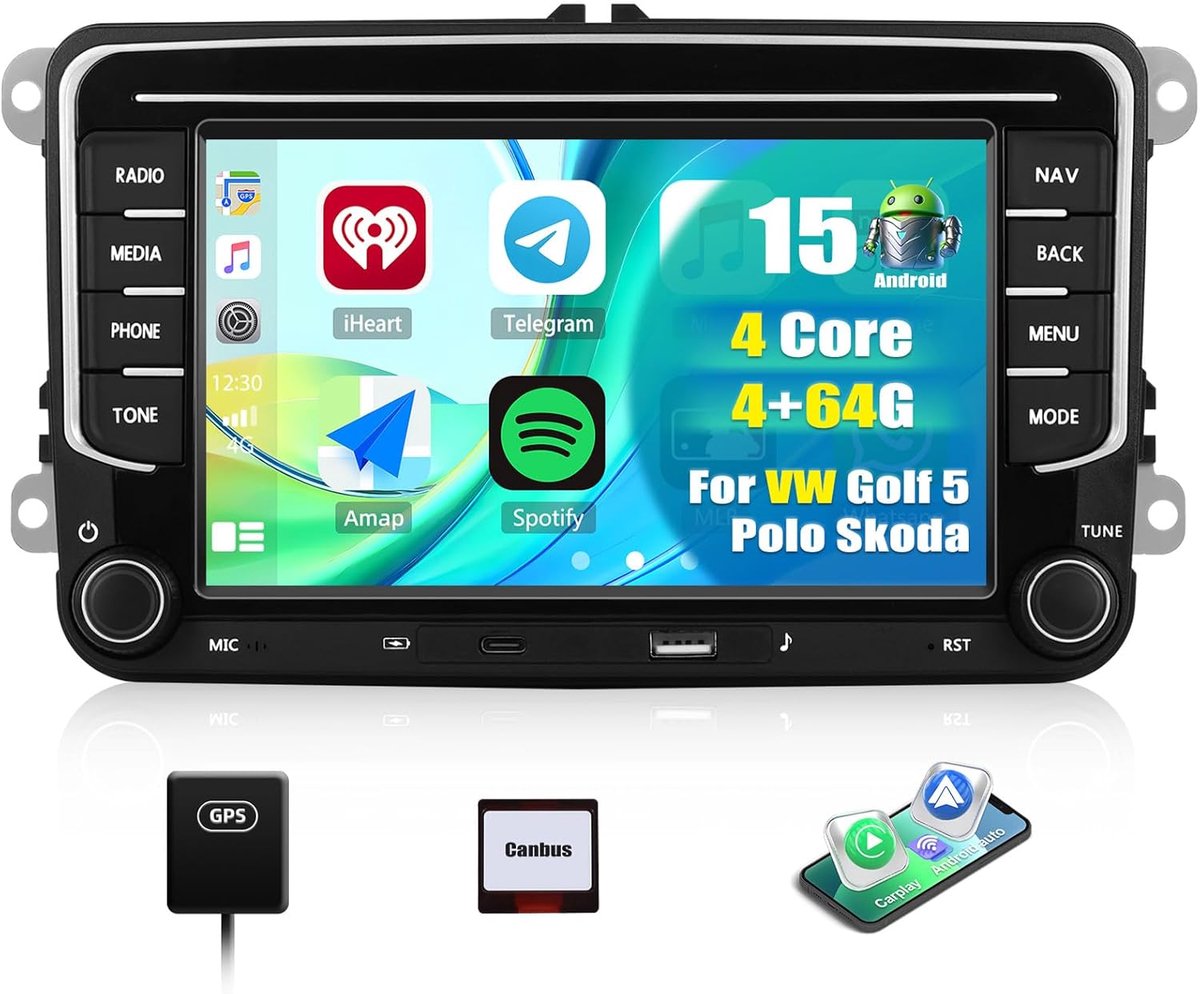 SnelShoppen - Android 15 Autoradio 4+64 GB met 7" Touchscreen, CarPlay, Bluetooth, WiFi, FM/RDS voor VW Golf 5/6, Polo 5, Skoda Passat B6/B7, Seat - U