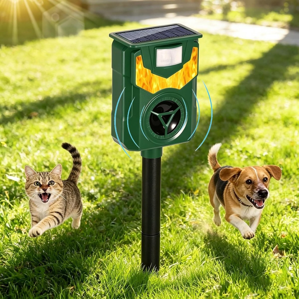 Ultrasone Solar Dierenafschrikker voor de Tuin, Waterdichte Katten- en Hondenafschrikker met Vlamlamp voor Muizen, Vogels en Marters