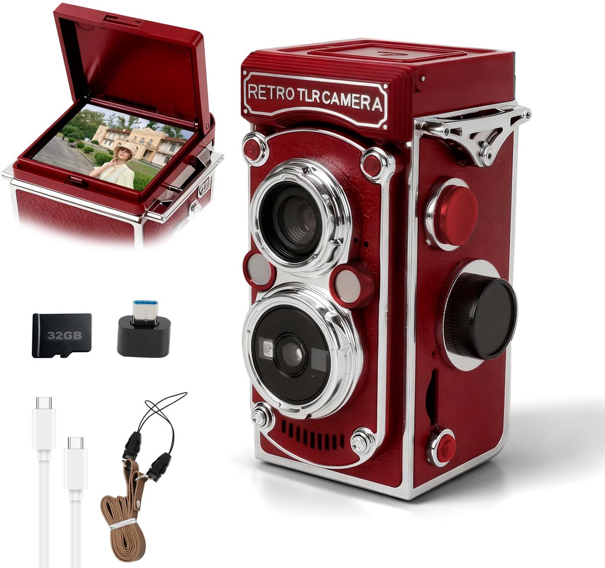 SnelShoppen - Retro Mini Digitale Camera 48 MP, Vintage Handslinger, 32 GB Geheugenkaart, 3,91 cm Scherm, 1080p Video, Nachtzicht voor Beginners en Ti