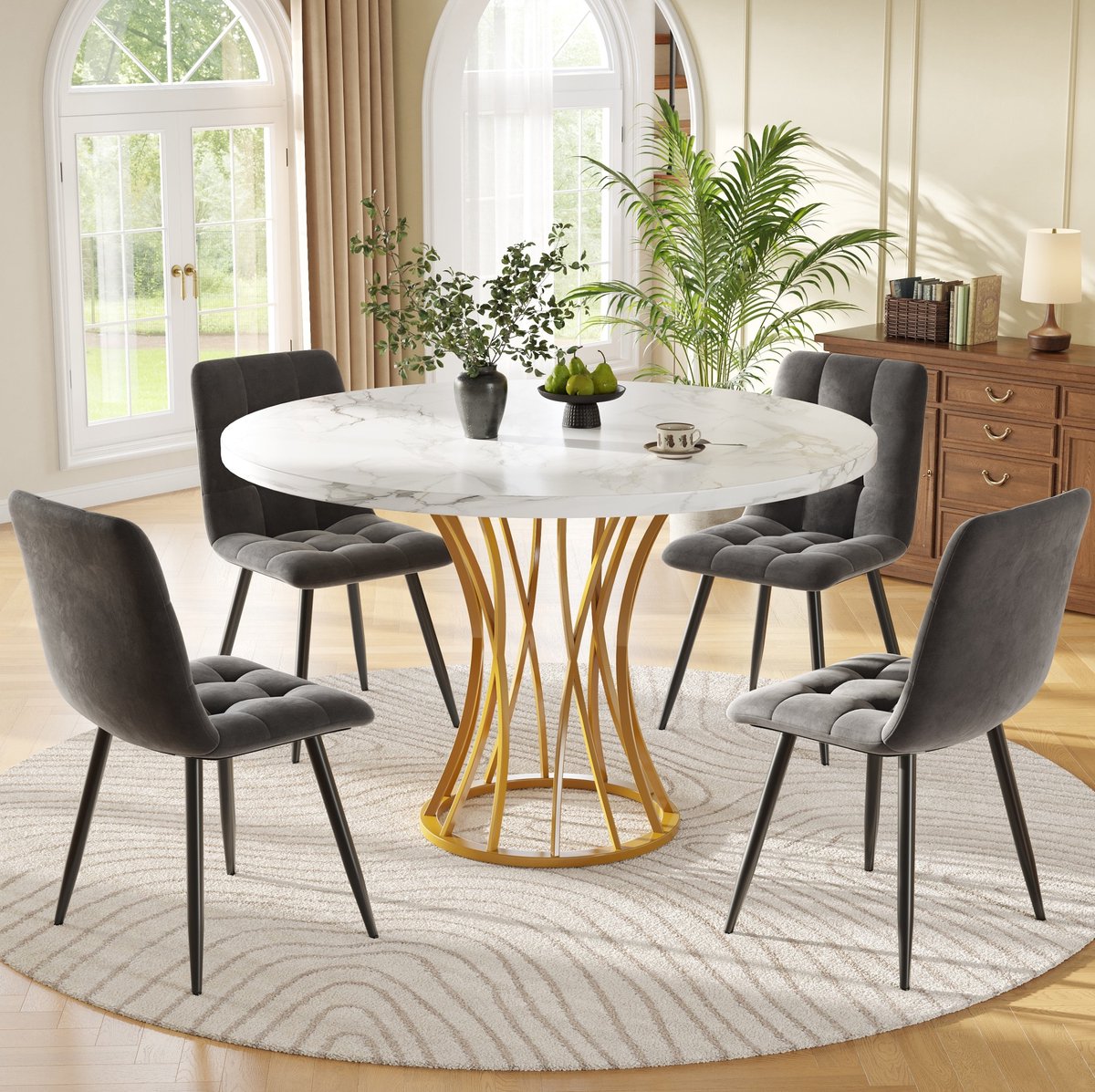 MEUNIQ Eettafelset 5-delig met ronde tafel 80 x 80 x 76 cm en 4 stoelen, wit marmerlook tafelblad, gouden metalen poten en grijze fluwelen eetkamerstoelen