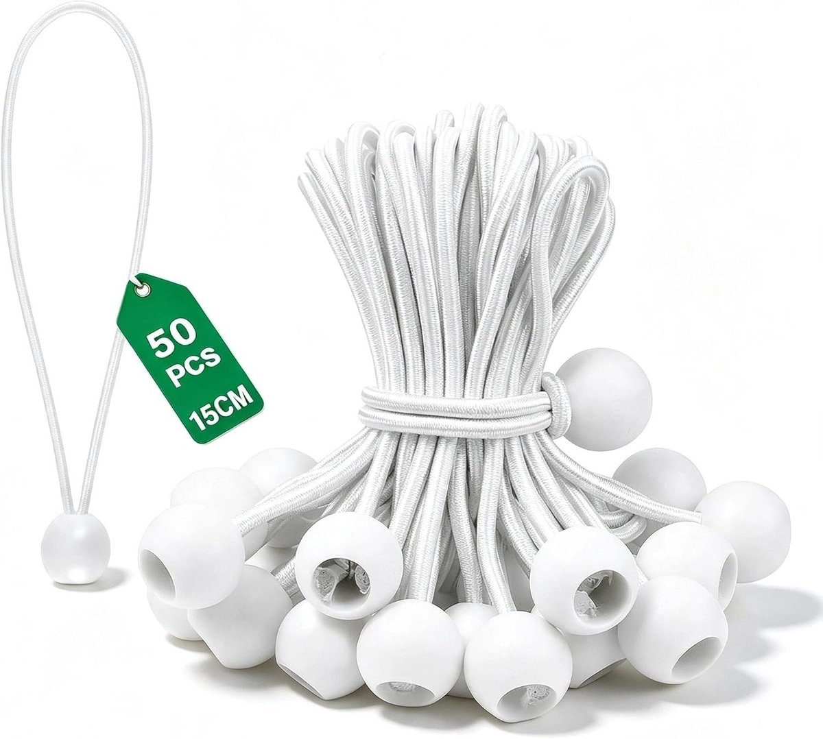 50 Stuks Witte Spanbanden voor Zeilen met 15 cm Elastiekjes en Bal, Ideaal voor Waterdichte Stoffen, Tenten en Banners, Sterke Bevestiging en Duurzaam Gebruik