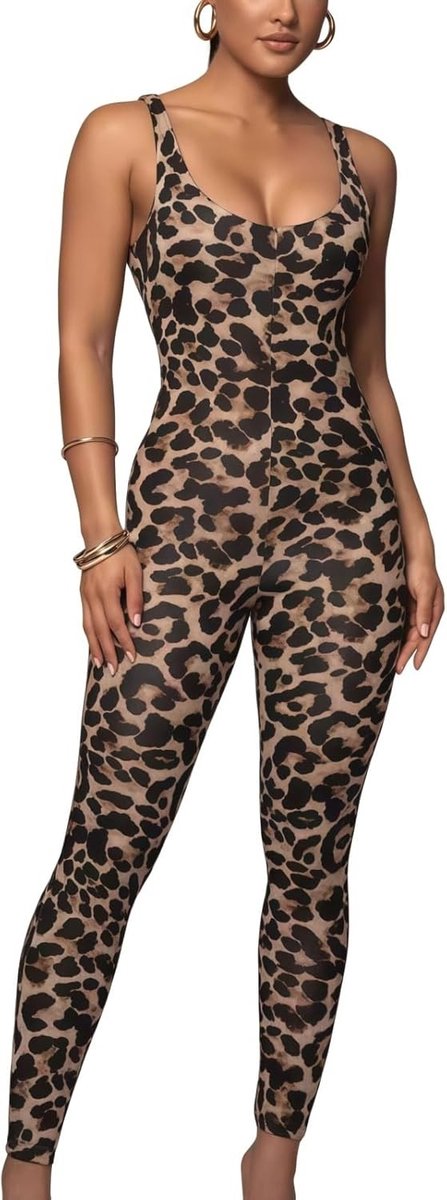 Leopard Print Jumpsuit voor Dames met U-Hals en Mouwloos Ontwerp - Perfect voor Feestjes, Yoga en Uitgaan