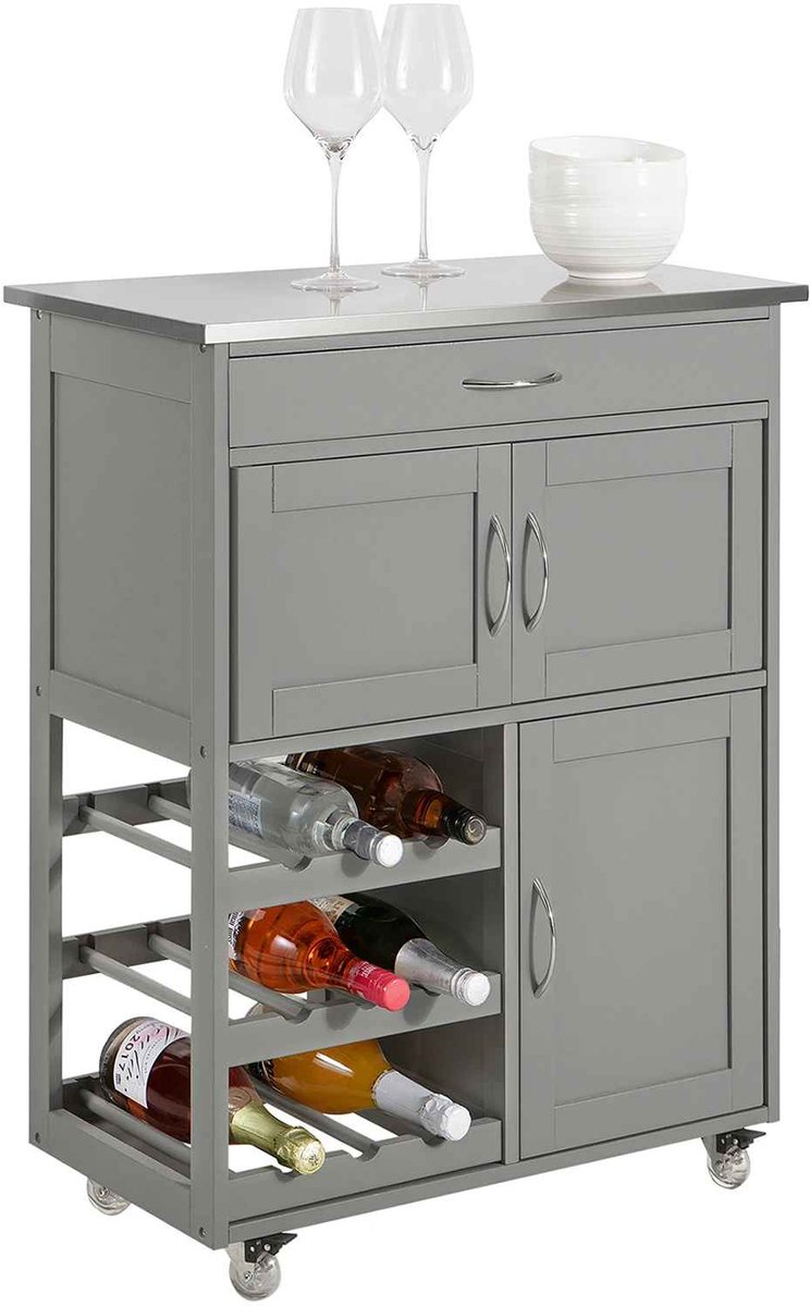 CORE Serveerwagen - Verrijdbare Keukenwagen met Flessenrek en Opbergruimte - Vrijstaand Keukeneiland - Multifunctionele Trolley voor Wijnflessen, Servies en Keukenaccessoires - Keukenkast op Wielen - Industrieel Design - 63x34x87cm - Houtlook/Zwart