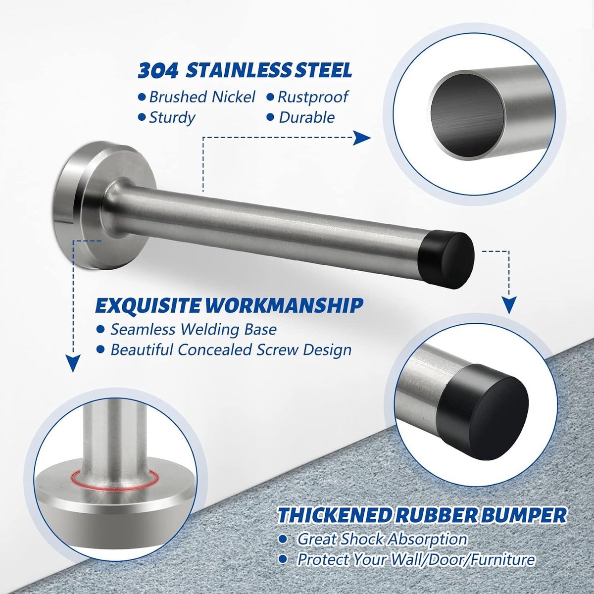 Langwerpige Deurstopper van 120mm, Wandmontage, RVS met Geluiddempende Rubberpunt, Ideaal voor Thuisgebruik en Kantoor