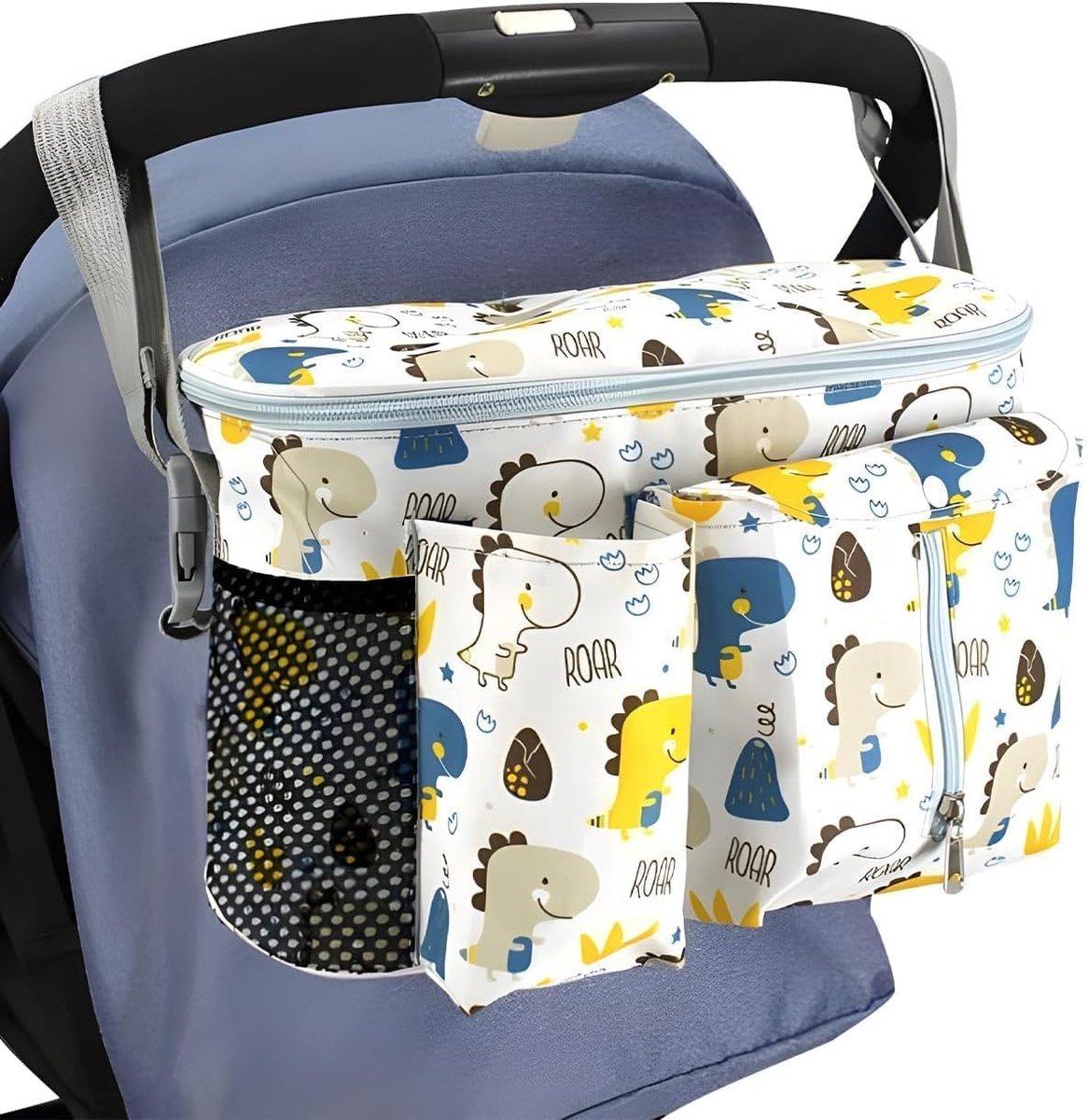 Organiser voor kinderwagen, waterdicht met meerdere zakken, bekerhouders en verstelbare riemen voor flessen, luiers en speelgoed