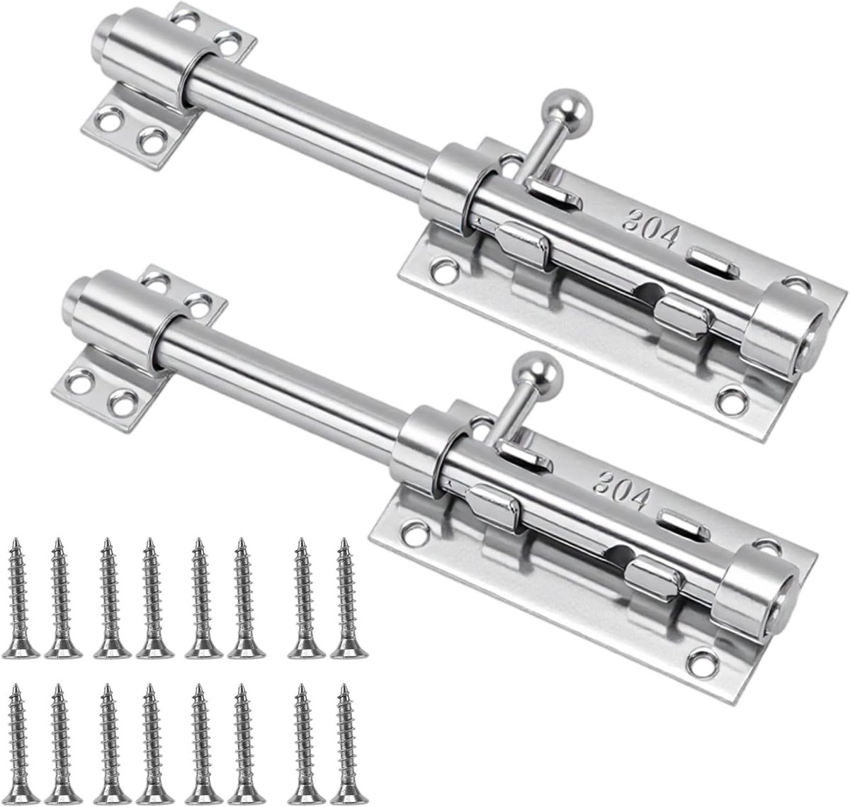 Set van 2 RVS Deursloten, 200mm Grote Bolt Latch, Veiligheidsvergrendeling voor Thuis, Schuur en Tuin, Inclusief Schroeven en Sleutelgat