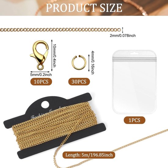 5 meter goudkleurige ketting van roestvrij staal met 10 karabijnsluitingen en 20 splitringen voor DIY sieraden maken, ambachten en charms — afbeelding 4