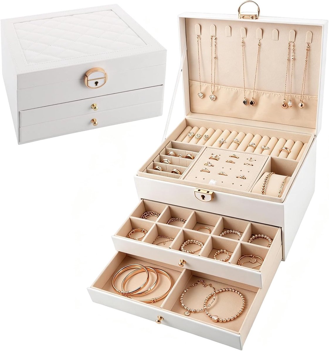 Sieradendoosje wit met 3 etages, afsluitbare sieradenkoffer en organizer voor dames en meisjes