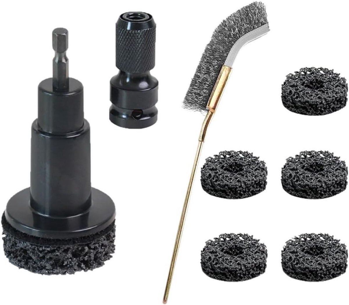 Wielreinigingsset met 8 stuks, inclusief boormachine-accessoires en slijpgereedschap voor auto’s, ideaal voor het reinigen van wielnaven en roestverwijdering.