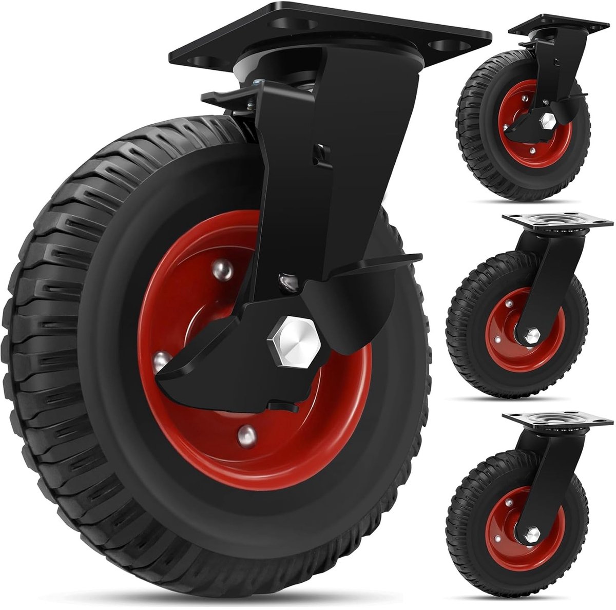 Industriële zware transportwielen van massief rubber, 200mm, met rem en trillingsdemping, 1400kg draagvermogen